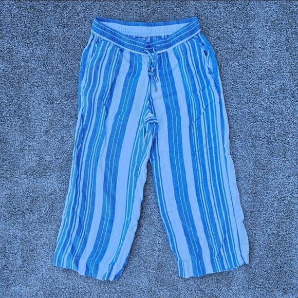 Tommy Bahama Linen Wide Leg Lounge Beach Pants White Blue Striped Women's XS - Picture 1 of 12